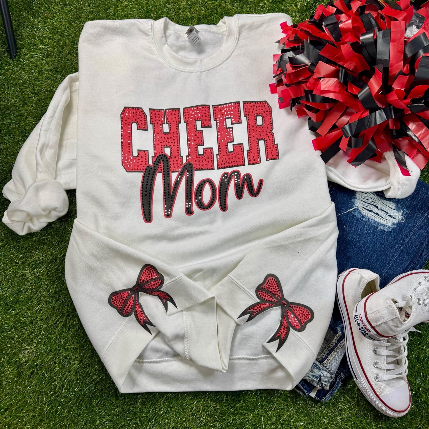 Cheer Mom Red Black Duo Block Script With Side Bows