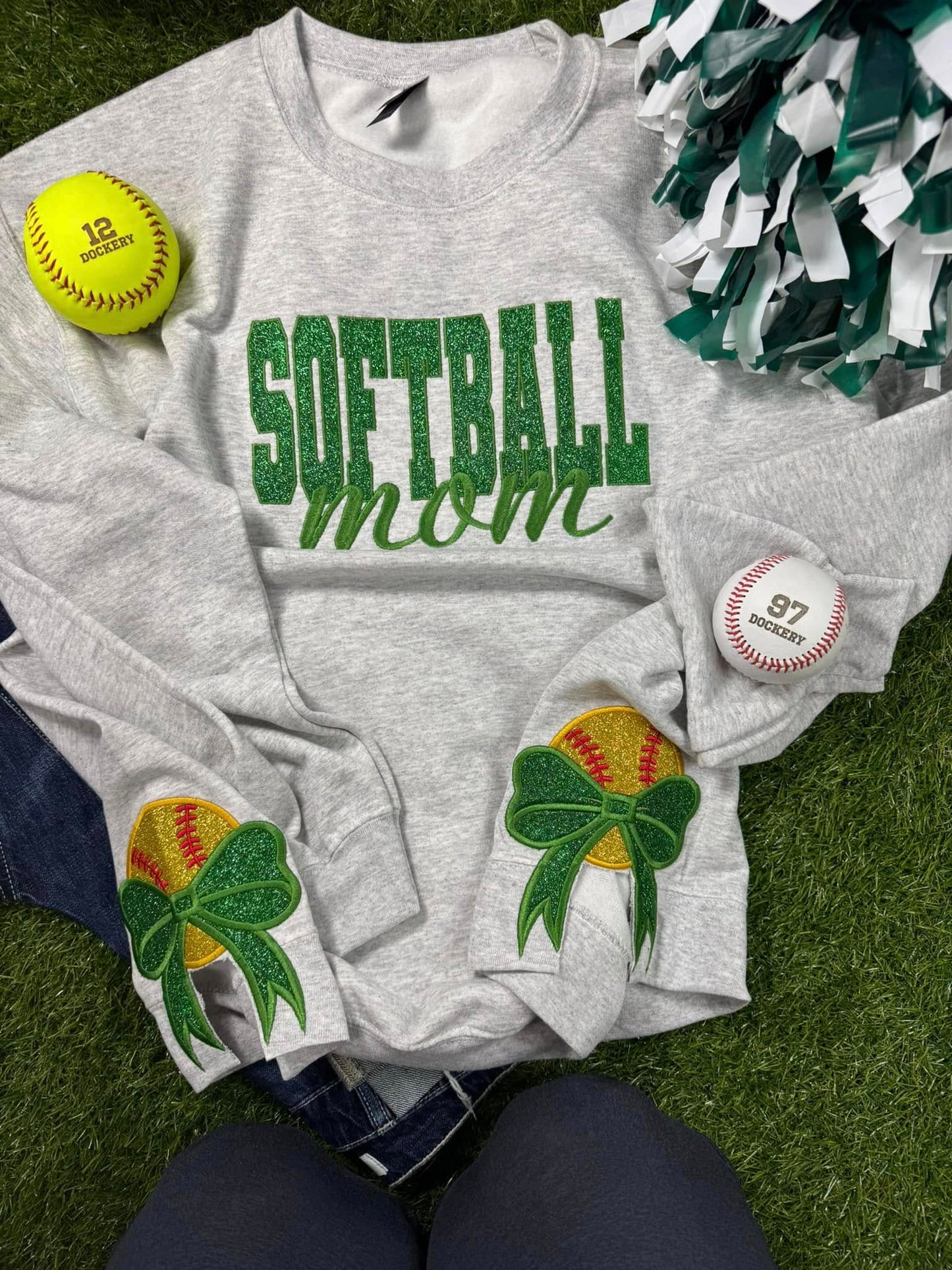 Softball Mom with Side Bows Glitter Embroidery