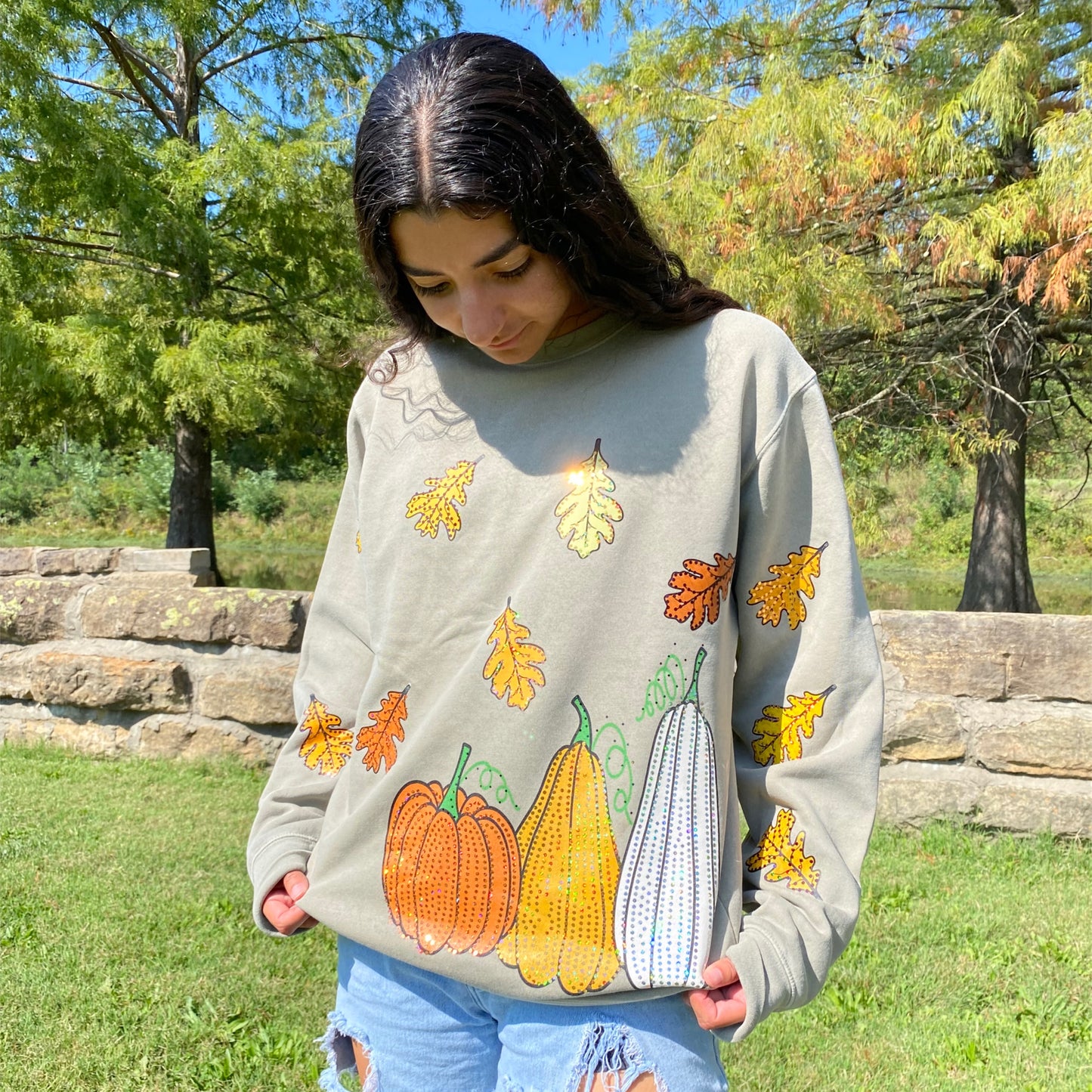 Pumpkin and Leaves Spangle Fleece