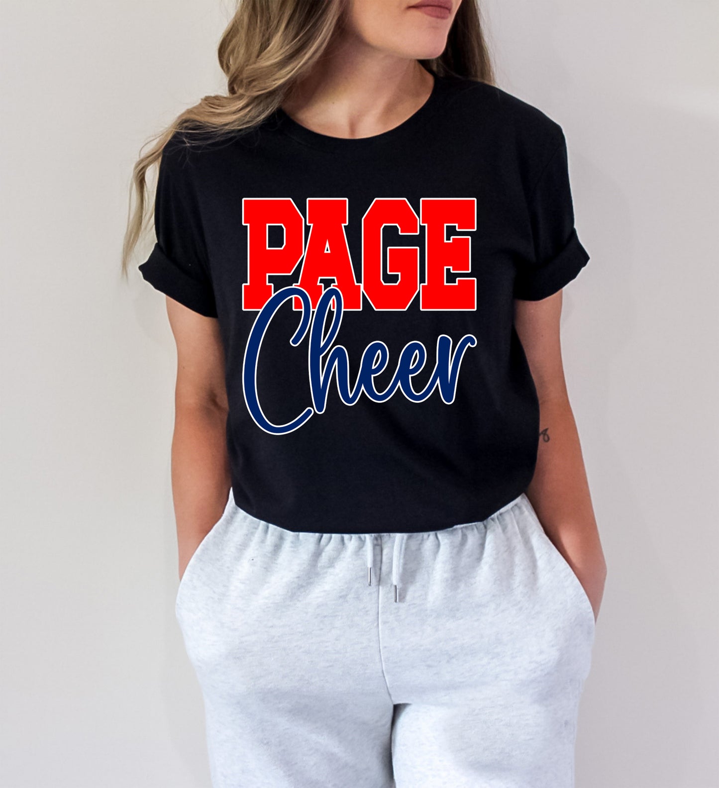 Page Cheer Black Tee / Red & Royal