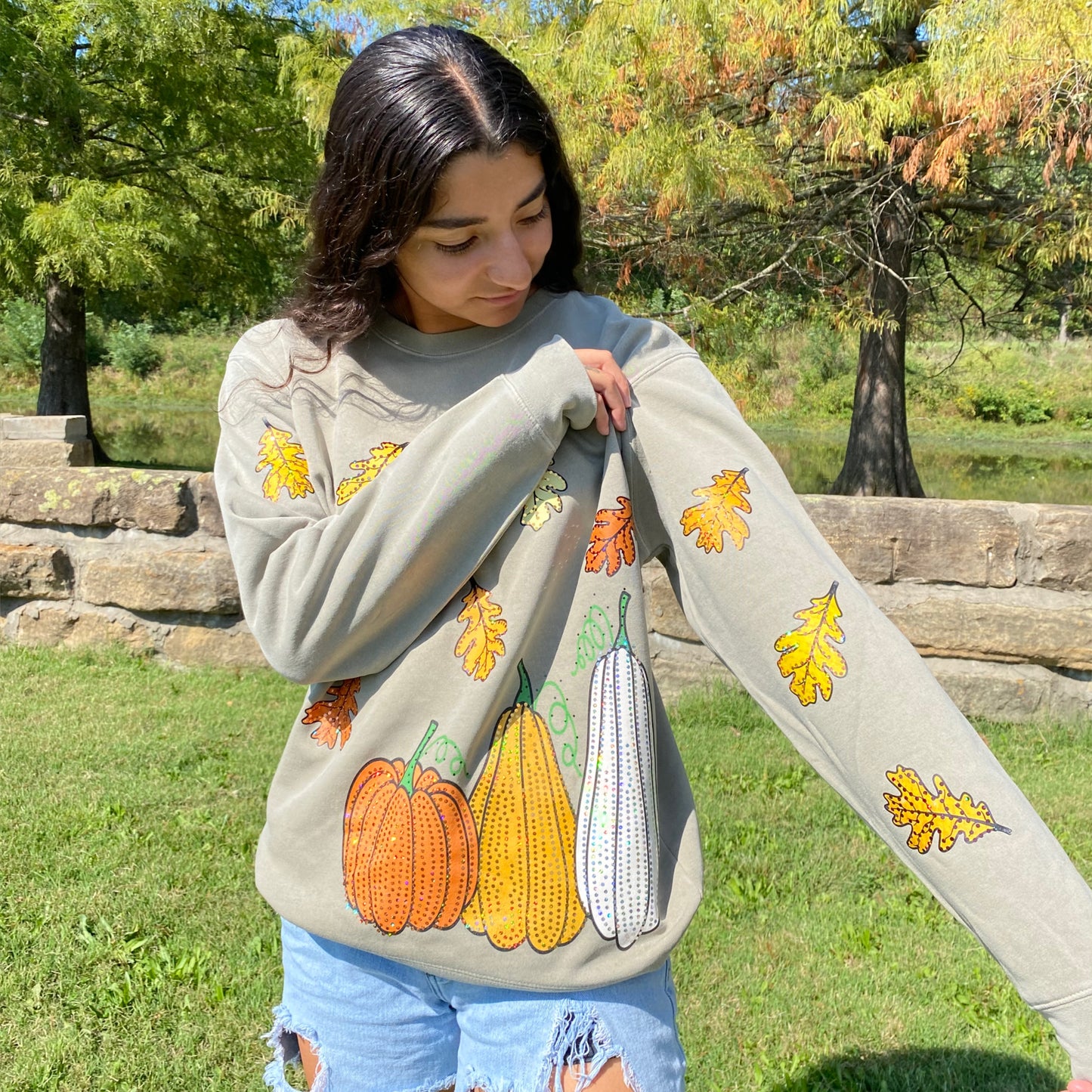 Pumpkin and Leaves Spangle Fleece