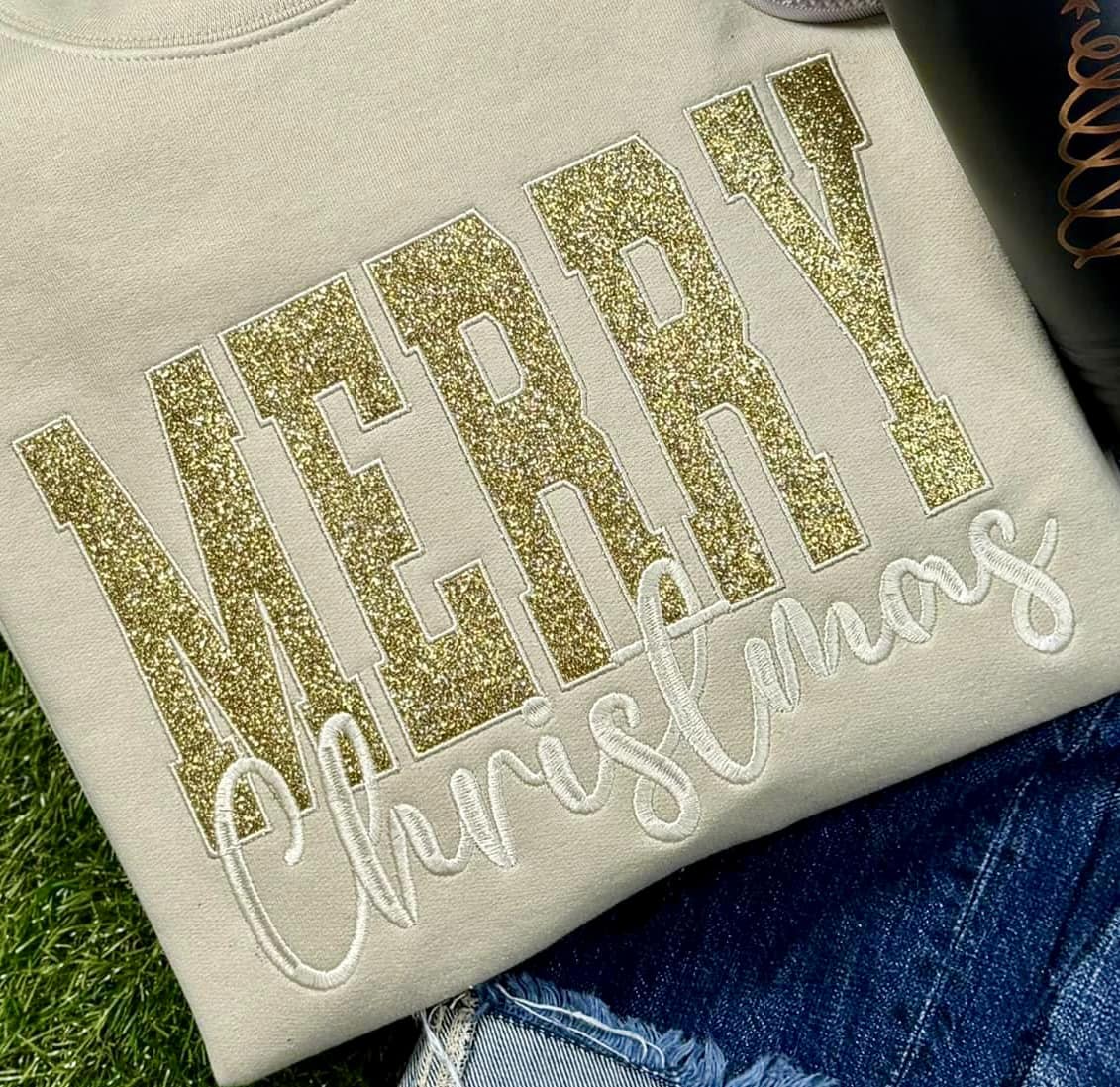 Merry Christmas Embroidery Sweatshirt Sand