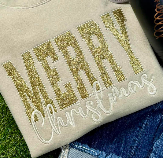 Merry Christmas Embroidery Sweatshirt Sand