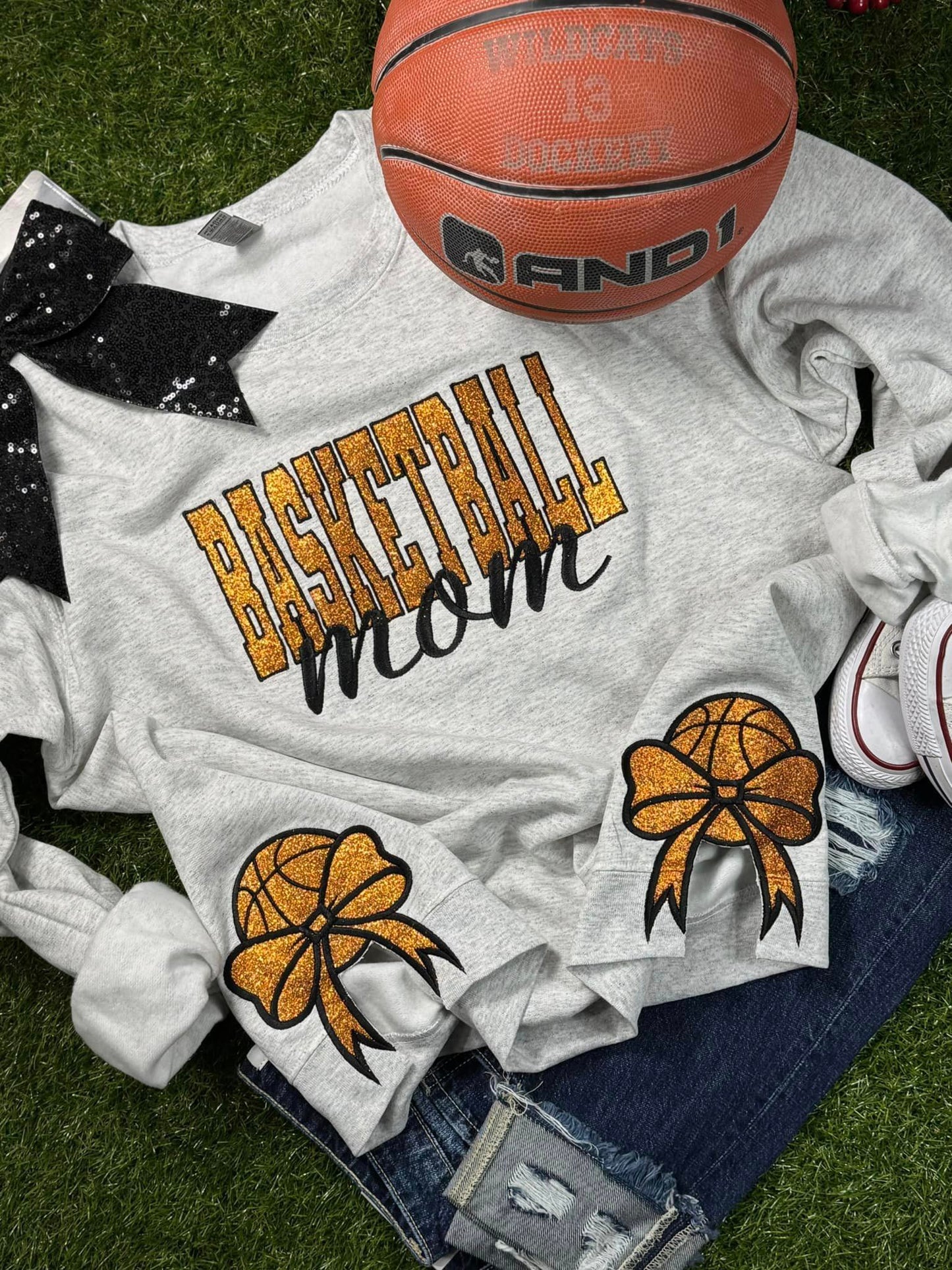 Basketball Mom Embroidered Glitter Bows