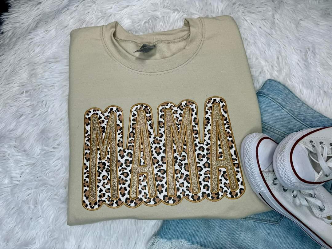 Mama Gold And Leopard Embroidery Crew